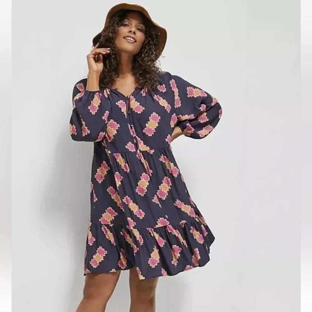 Anthropologie Sammi Tiered Mini Dress Womens Small Navy Blue Pink
